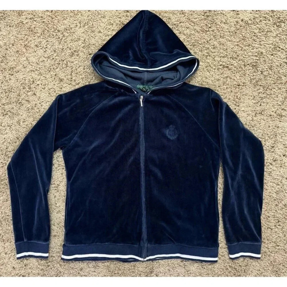 RALPH LAUREN Womens Full Zip Hoodie Track Jacket Dark Blue Velour Crest Small - Picture 1 of 7